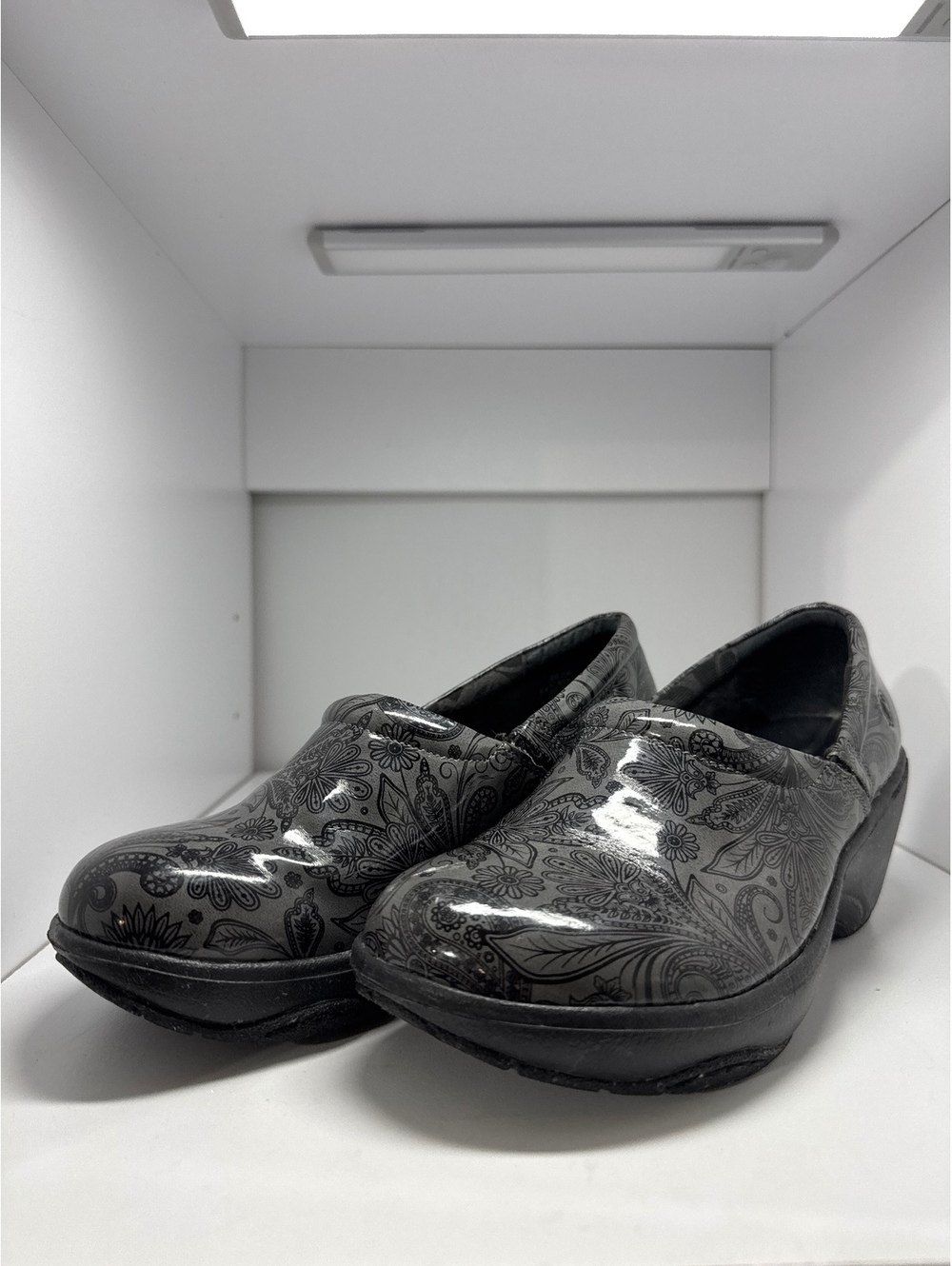 Nurse Mates Pillowtop Black & Gray Paisley Clogs - Comfy & Stylish!